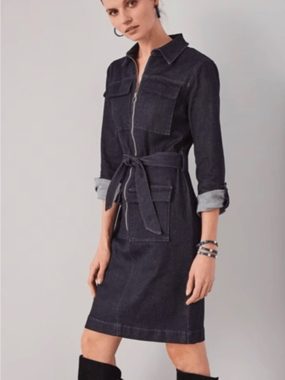 WHBM Black Denim Utility Shirt Dress Womens 4 Zip Front Belted Midi